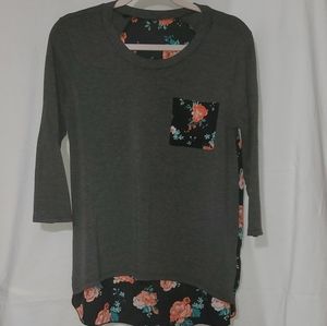 Gray 3/4 sleeve with sheer floral back and pocket